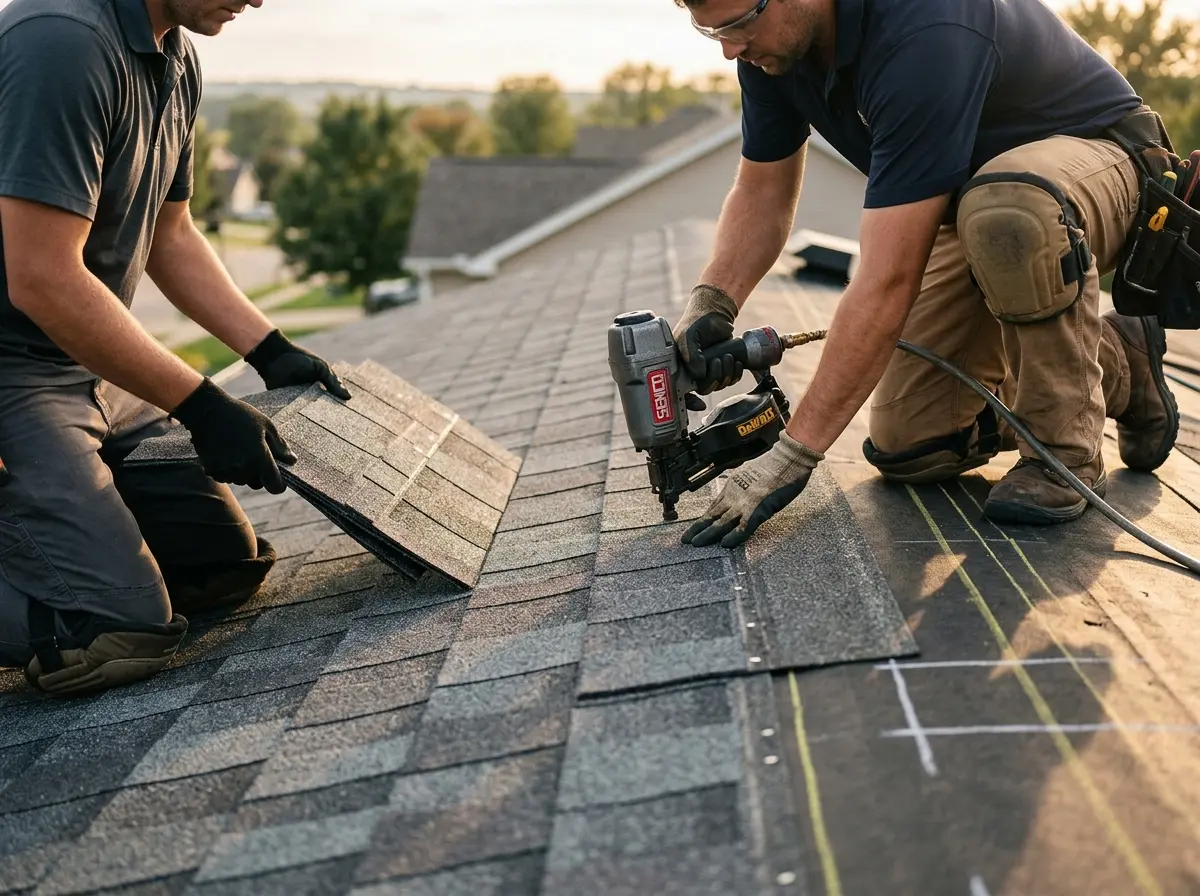 Professional roofer working on a residential roof in Rancho Murieta